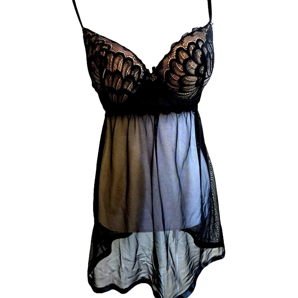 Babydoll Black Lingerie Chemise Whimsygoth Fairy Sexy Sheer Lace Push Up Slip M